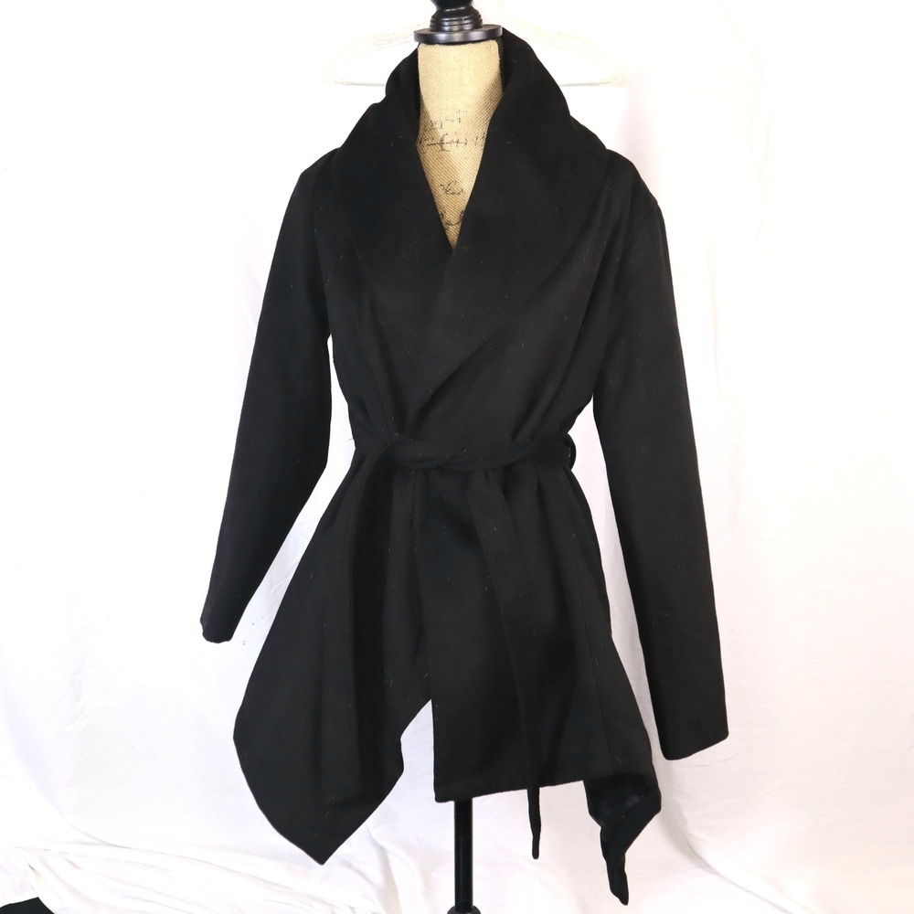 Chicwish Black Wool Blend Shawl Collar Belted Wrap Coat XS - Picture 2 of 11